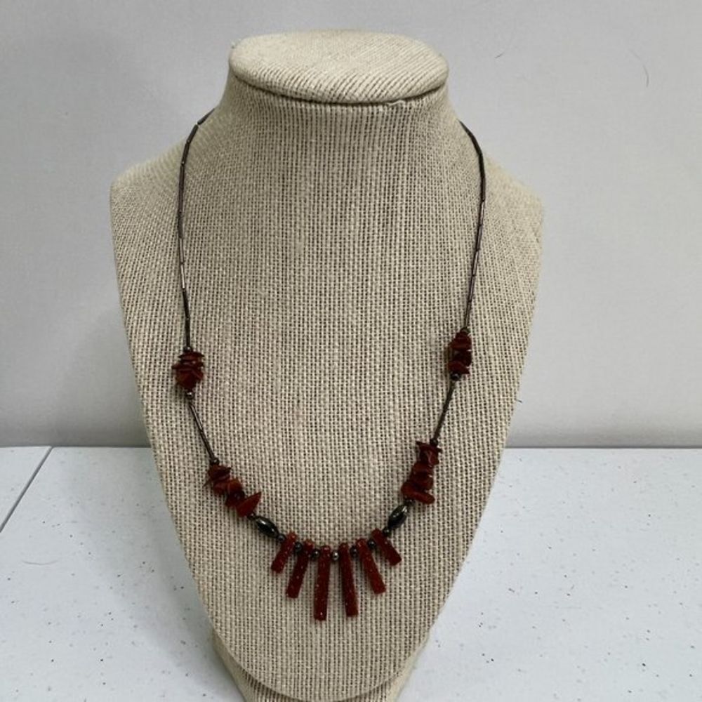 Orange Goldstone Necklace Hematite Beaded Chip Boho Southwestern Silver Tone Use